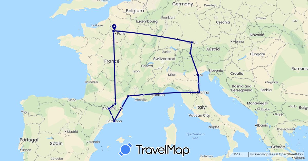 TravelMap itinerary: driving in Andorra, Austria, Germany, Spain, France, Italy, San Marino (Europe)